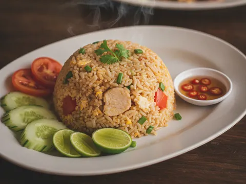 Nasi goreng thai siap dihidang di atas pinggan bersama hirisan timun, daun ketumbar dan potongan limau nipis