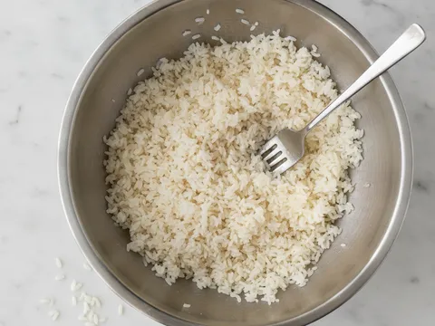 Nasi putih sejuk digemburkan dengan garpu dalam mangkuk besar sehingga butirannya berderai