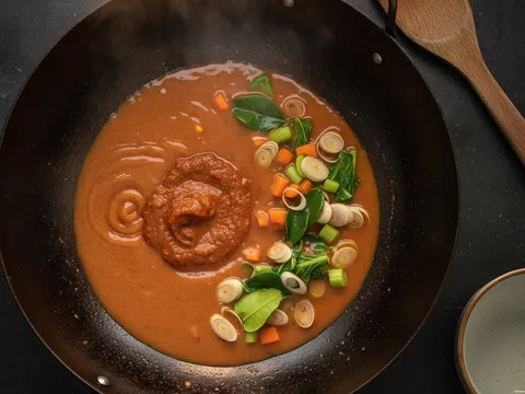 Pes tomyam dilarutkan dengan sedikit air dalam kuali bersama hirisan serai, daun limau purut, dadu lobak merah dan batang sawi
