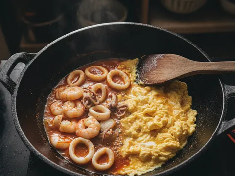 Udang dan gelang sotong dimasak dalam kuali bersama telur yang dikacau berketul di satu sisi kuali
