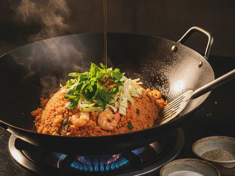 Sos ikan dituang di tepi kuali panas ke atas nasi goreng tomyam bersama daun sawi dan hirisan kobis
