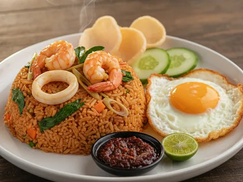 Nasi goreng tomyam siap dihidang di atas pinggan bersama telur mata, hirisan timun dan keropok keping goreng