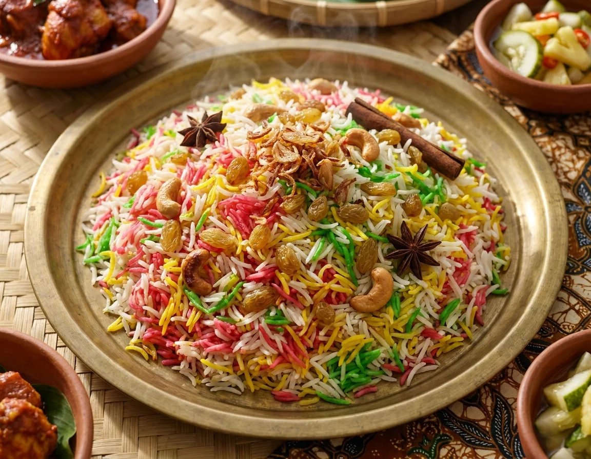 Nasi hujan panas berjalur merah, kuning dan hijau di atas dulang kenduri, ditabur bawang goreng, kismis dan gajus
