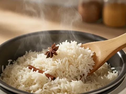 Nasi minyak putih gebu digemburkan dengan senduk selepas masak