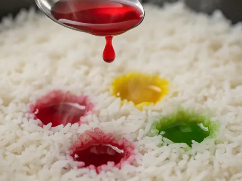 Pewarna merah, kuning dan hijau dititiskan ke dalam lubang-lubang di atas permukaan nasi putih