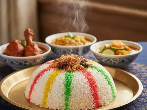 Nasi hujan panas siap berjalur warna-warni di atas dulang, ditabur bawang goreng dan kismis