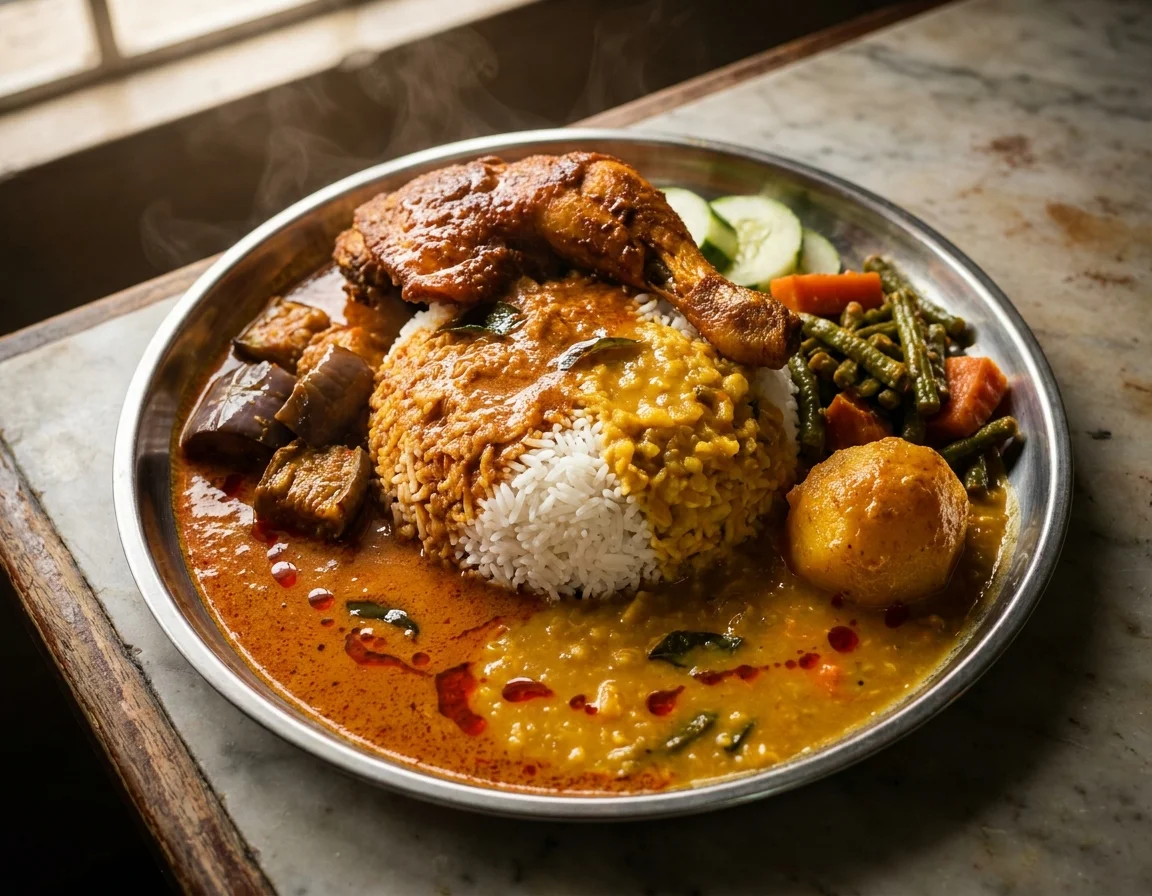 Nasi kandar banjir dengan kuah campur kari ayam dan dalca, ayam goreng berempah dan sayur di atas pinggan