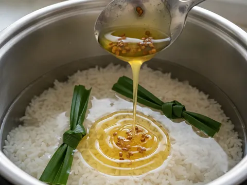 Beras dalam periuk nasi bersama daun pandan dan minyak sapi berbiji halba dituang ke atasnya