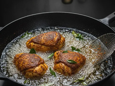 Ketul ayam berempah kari digoreng bersama daun kari dalam kuali minyak panas sehingga perang keemasan gelap