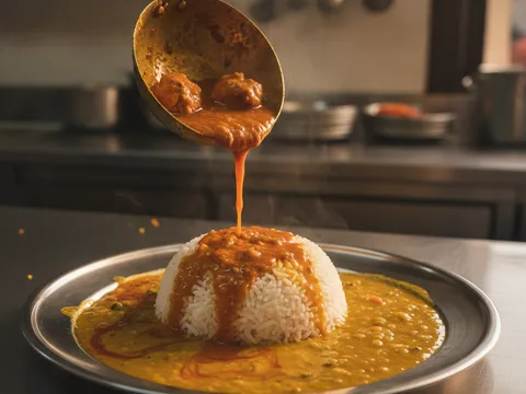 Kuah kari dan kuah dalca dicurah bertindih ke atas nasi putih sehingga banjir di pinggan