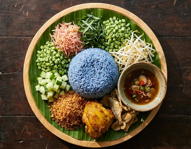 Nasi kerabu Kelantan dengan nasi biru bunga telang, ulam-ulaman hiris, sambal kelapa, ayam goreng kunyit dan kuah budu