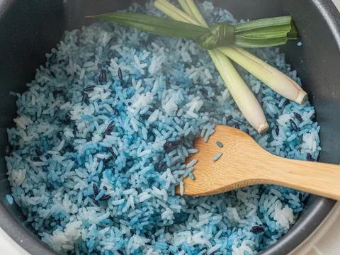Nasi biru bunga telang yang baru masak digemburkan dalam periuk nasi bersama daun pandan dan serai