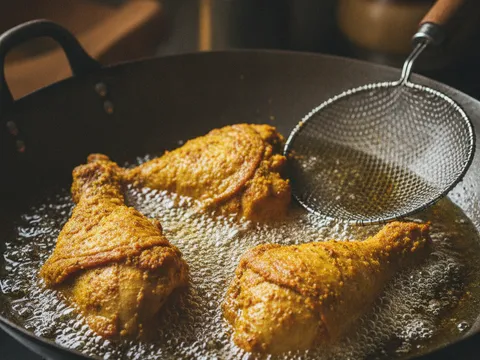 Ketul ayam berperap kunyit digoreng keemasan dalam kuali minyak panas