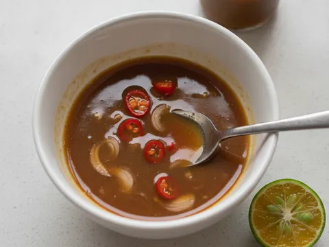 Kuah budu dibancuh dalam mangkuk kecil bersama jus limau nipis, cili padi dan bawang merah hiris