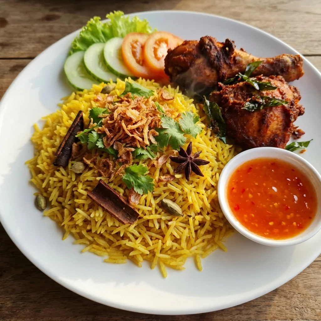 Nasi Khao Mok Gai Beriani Thai dengan Ayam Goreng