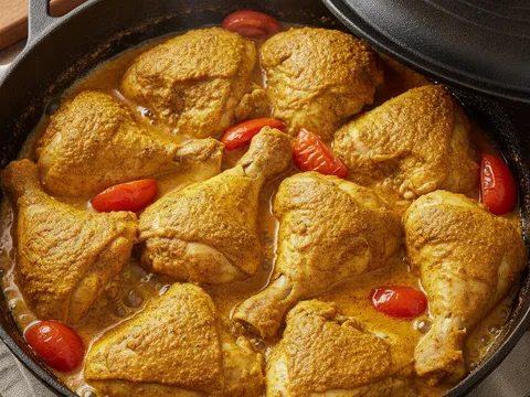 Ketulan ayam bersalut rempah kuning direneh bersama tomato dalam periuk bertutup