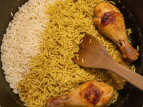 Beras basmati dikacau perlahan dalam periuk sehingga bersalut rempah kuning