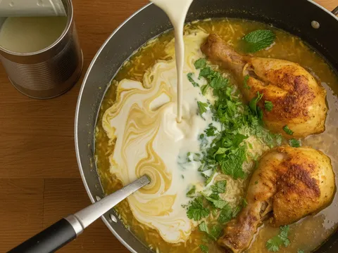 Susu sejat dituang ke dalam periuk berisi beras berempah dan ayam sebelum ditanak