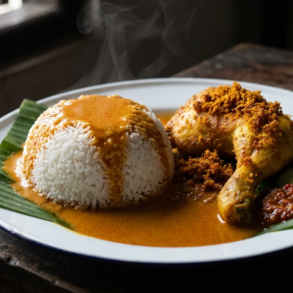 Nasi Kukus Ayam Goreng Berempah Kuah Rempah