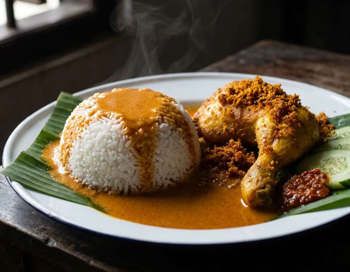 Nasi kukus gebu berbentuk mangkuk terbalik bersama ayam goreng berempah kunyit, disiram kuah rempah dan timun
