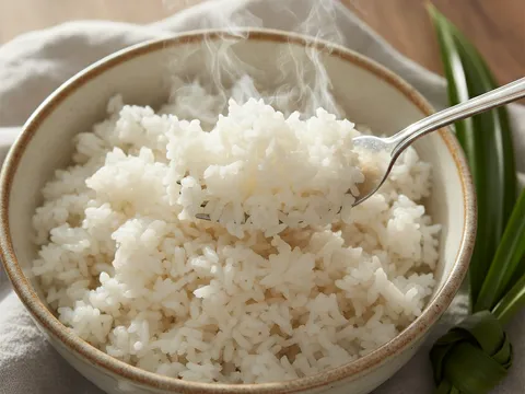Nasi putih gebu digemburkan dengan garpu dalam mangkuk selepas dikukus, wap naik