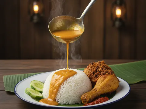 Hidangan lengkap nasi kukus berbentuk kubah disiram kuah rempah bersama ayam goreng berempah dan timun