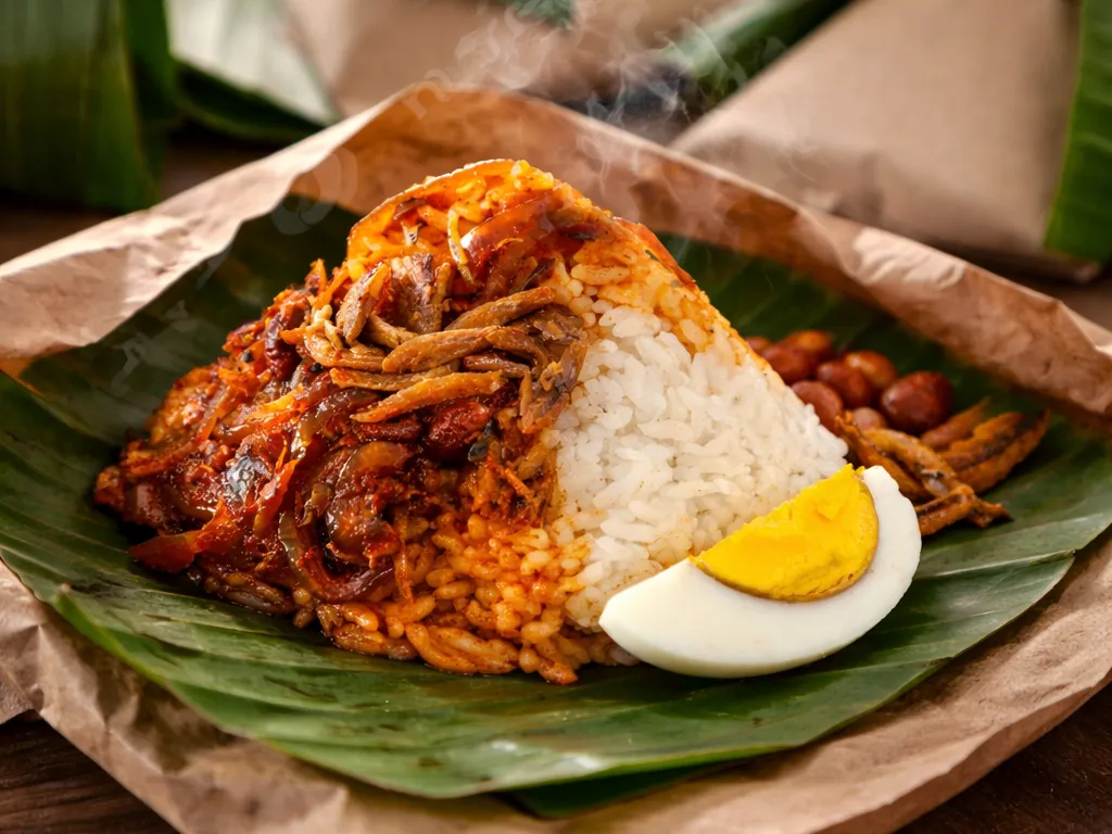 Nasi Lemak Bungkus Tradisional dengan sambal, ikan bilis, kacang dan telur di atas daun pisang