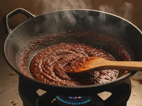 Nasi lemak sedang dimasak dalam periuk nasi