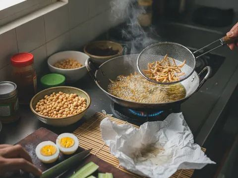 Pelengkap nasi lemak - ikan bilis rangup, kacang, telur dan timun