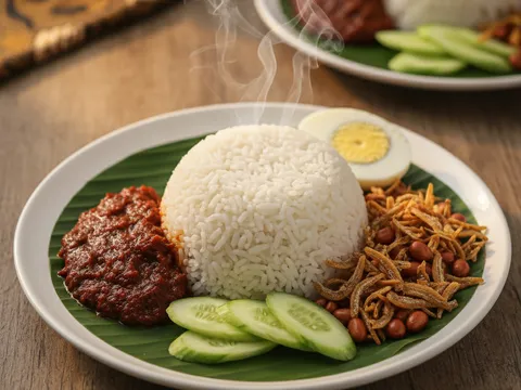 Nasi Lemak lengkap siap dihidangkan