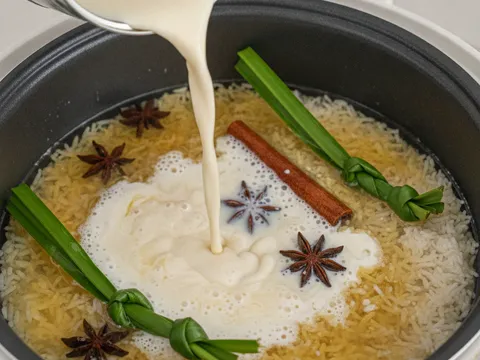 Susu cair dituang ke dalam periuk nasi elektrik berisi beras dan rempah