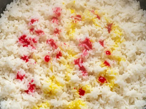 Titik pewarna merah dan kuning di atas nasi minyak yang baru masak sebelum digemburkan