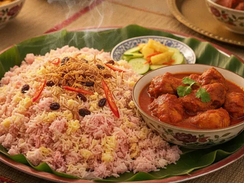 Nasi minyak siap dihidang dalam dulang bertabur bawang goreng dan kismis bersama ayam masak merah