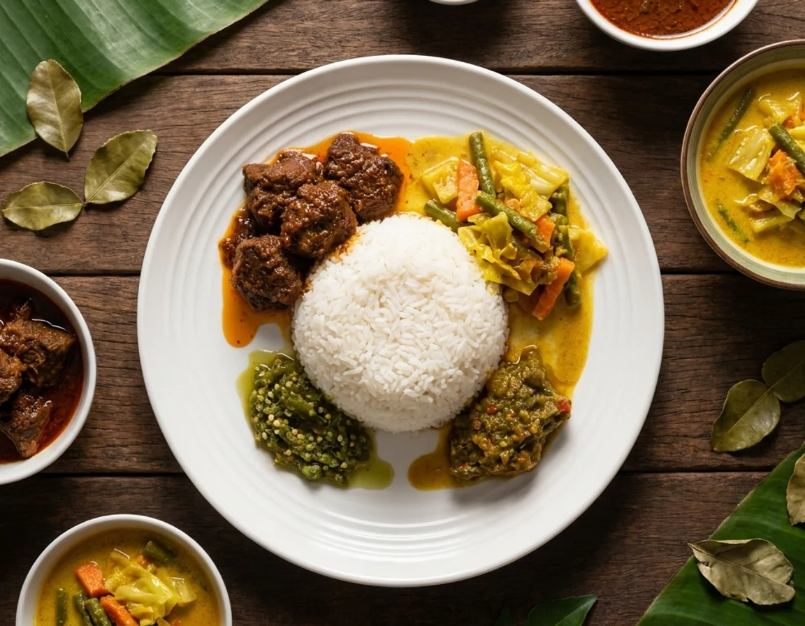Set nasi padang lengkap — nasi putih dengan rendang daging gelap, sayur lodeh berkuah santan dan sambal hijau tumbuk kasar