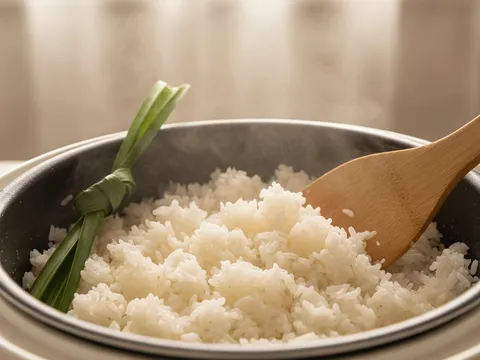 Nasi putih gebu yang baru masak digemburkan dalam periuk nasi elektrik