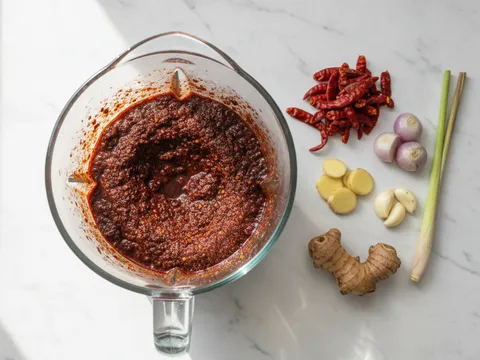 Pes rempah rendang merah gelap dikisar halus dalam blender bersama bahan mentah di sekeliling