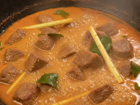 Ketul daging direneh dalam kuah santan berempah merah yang menggelegak perlahan dalam kuali besar