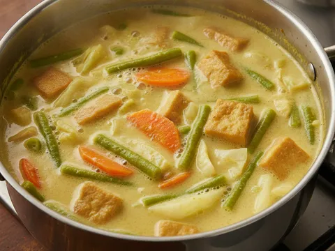 Sayur lodeh berkuah santan kuning dengan kacang panjang, kobis, lobak merah dan tauhu dalam periuk