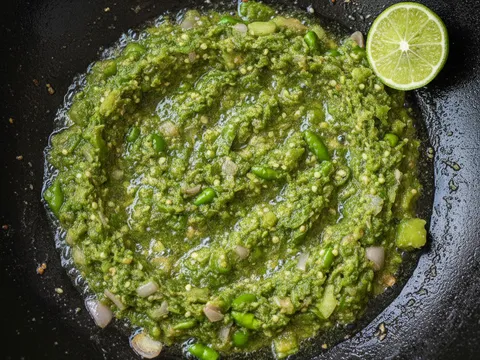 Sambal hijau tumbuk kasar berwarna hijau terang ditumis dalam kuali dengan minyak berkilat