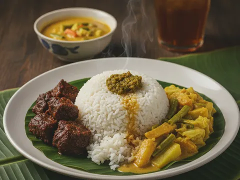 Pinggan nasi padang lengkap dengan nasi putih, rendang daging, sayur lodeh dan sambal hijau tersusun cantik