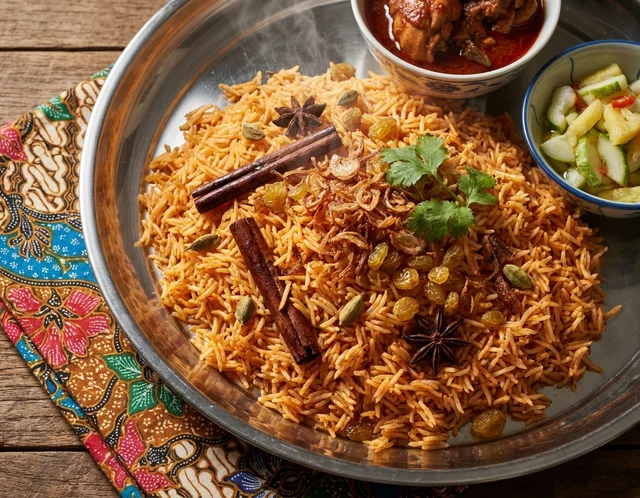 Nasi tomato kenduri berwarna oren kemerahan yang gebu, ditabur bawang goreng dan kismis, dihidang bersama ayam masak merah