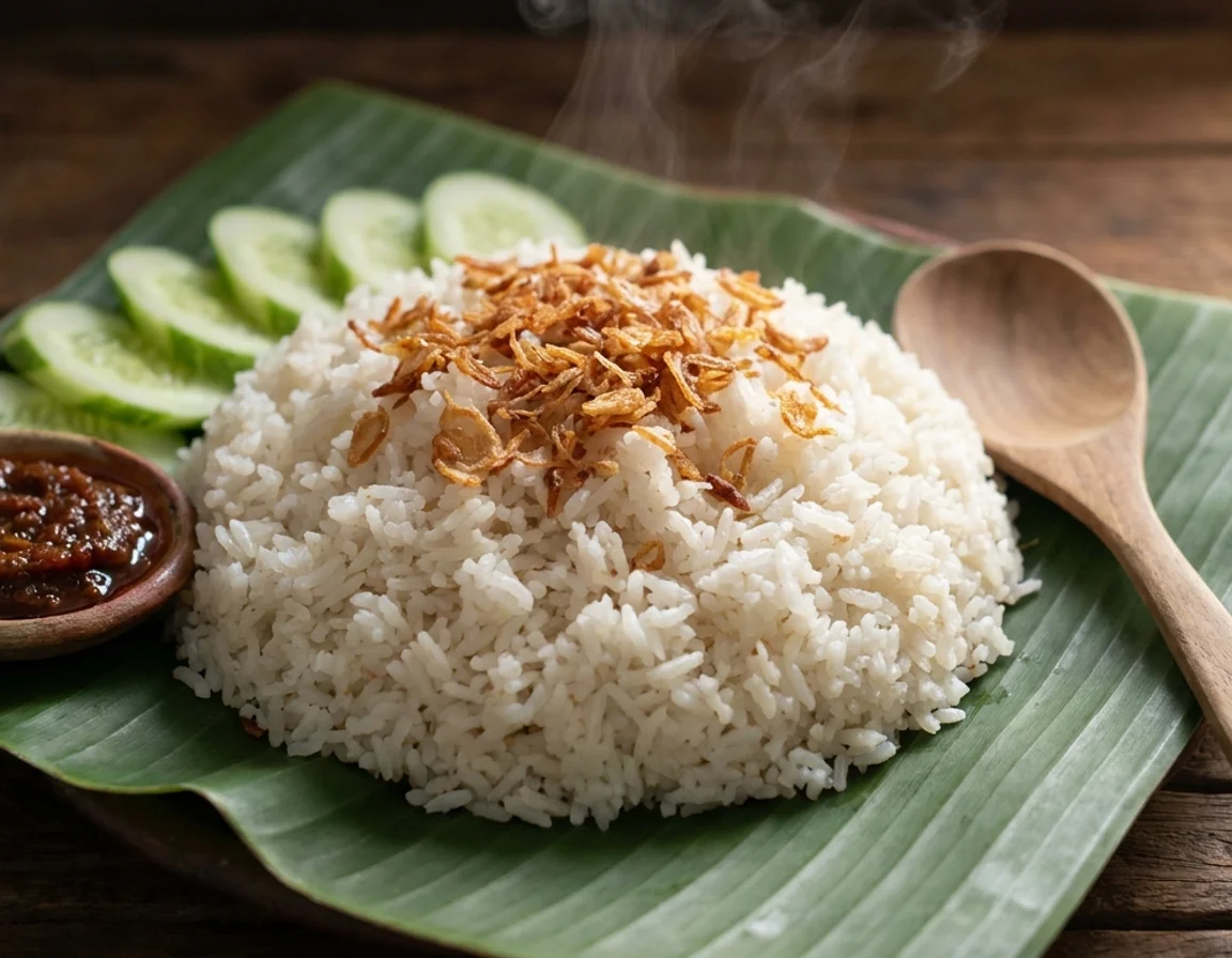 Nasi uduk putih berbutir gebu dihidang di atas daun pisang, ditabur bawang goreng dengan hirisan timun dan sambal di tepi