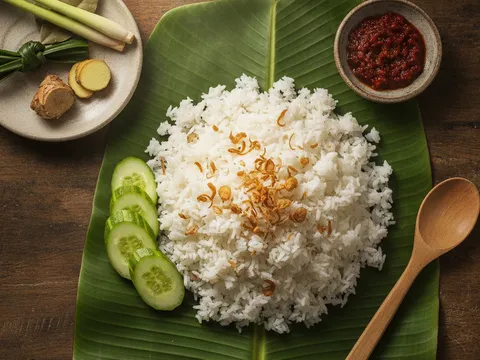 Nasi uduk siap dihidang di atas daun pisang bertabur bawang goreng dengan hirisan timun dan sambal di tepi