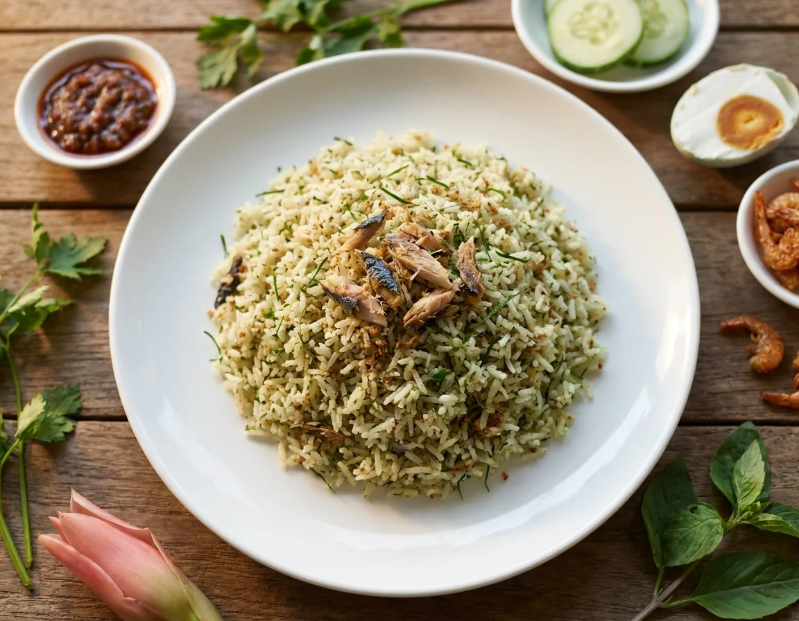 Nasi ulam berwarna hijau berbintik dihidang dalam pinggan putih, penuh hirisan halus daun ulam, kerisik dan isi ikan kembung bakar