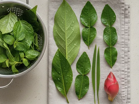 Pelbagai jenis daun ulam segar ditoskan dalam tapisan dan dilap kering di atas tuala dapur