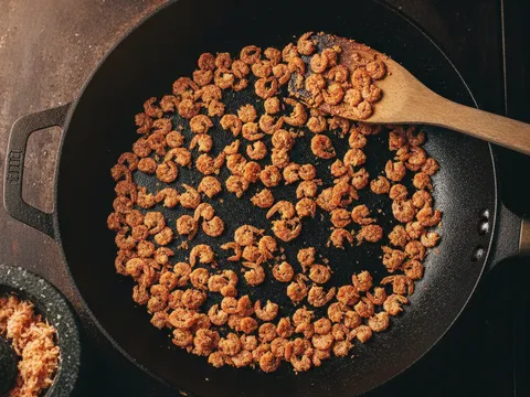 Udang kering digoreng tanpa minyak dalam kuali sehingga kering dan wangi