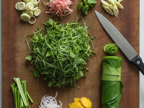 Daun ulam digulung ketat dan dimayang senipis mungkin di atas papan pemotong