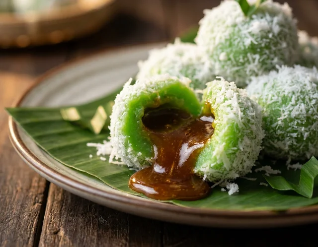 Ondeh-ondeh hijau pandan disaluti kelapa parut, sebiji dibelah menunjukkan gula melaka cair mengalir keluar
