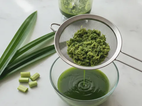 Air pandan hijau pekat ditapis daripada daun pandan yang dikisar
