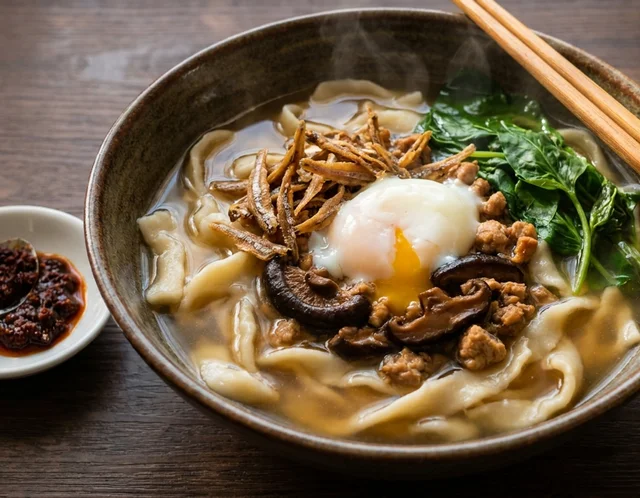Semangkuk pan mee koyak tangan dalam stok ikan bilis dengan cendawan, sayur manis, telur dan ikan bilis goreng, sambal cili kering di sisi